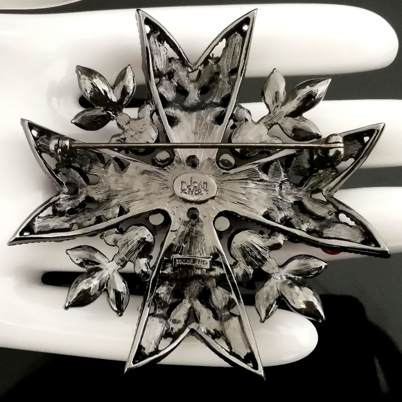 Joan Rivers Red & Black Rhinestones Maltese Cross Gunmetal Brooch Pin Large - Picture 9 of 9